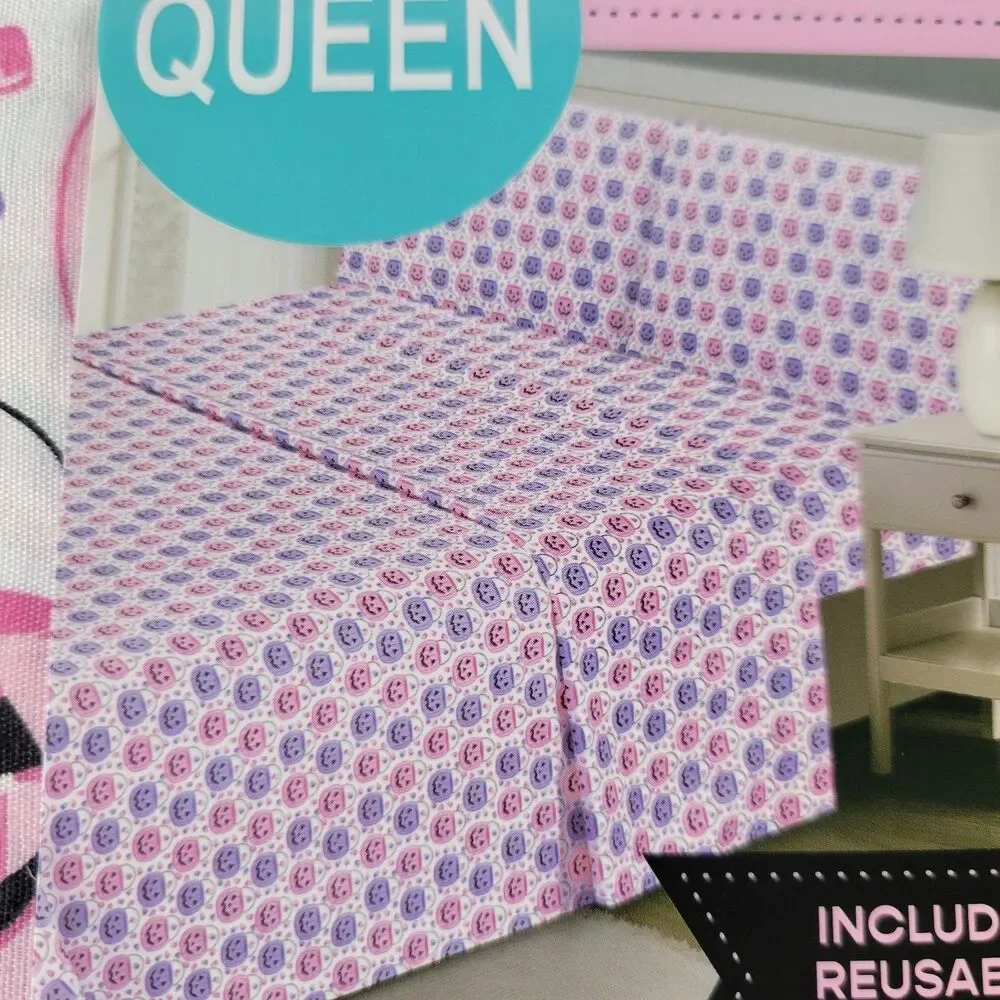 Halloween Pink Purple White QUEEN 4pc Sheets Set Trick Treat Buckets Candy Corn